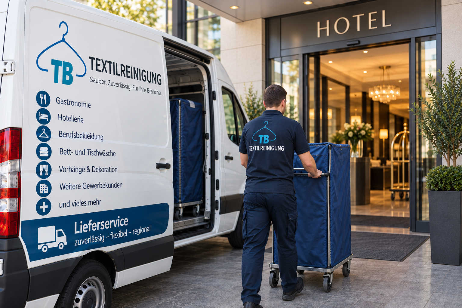 Wäschelieferung mit einem TB-Fahrzeug vor einem Hotel